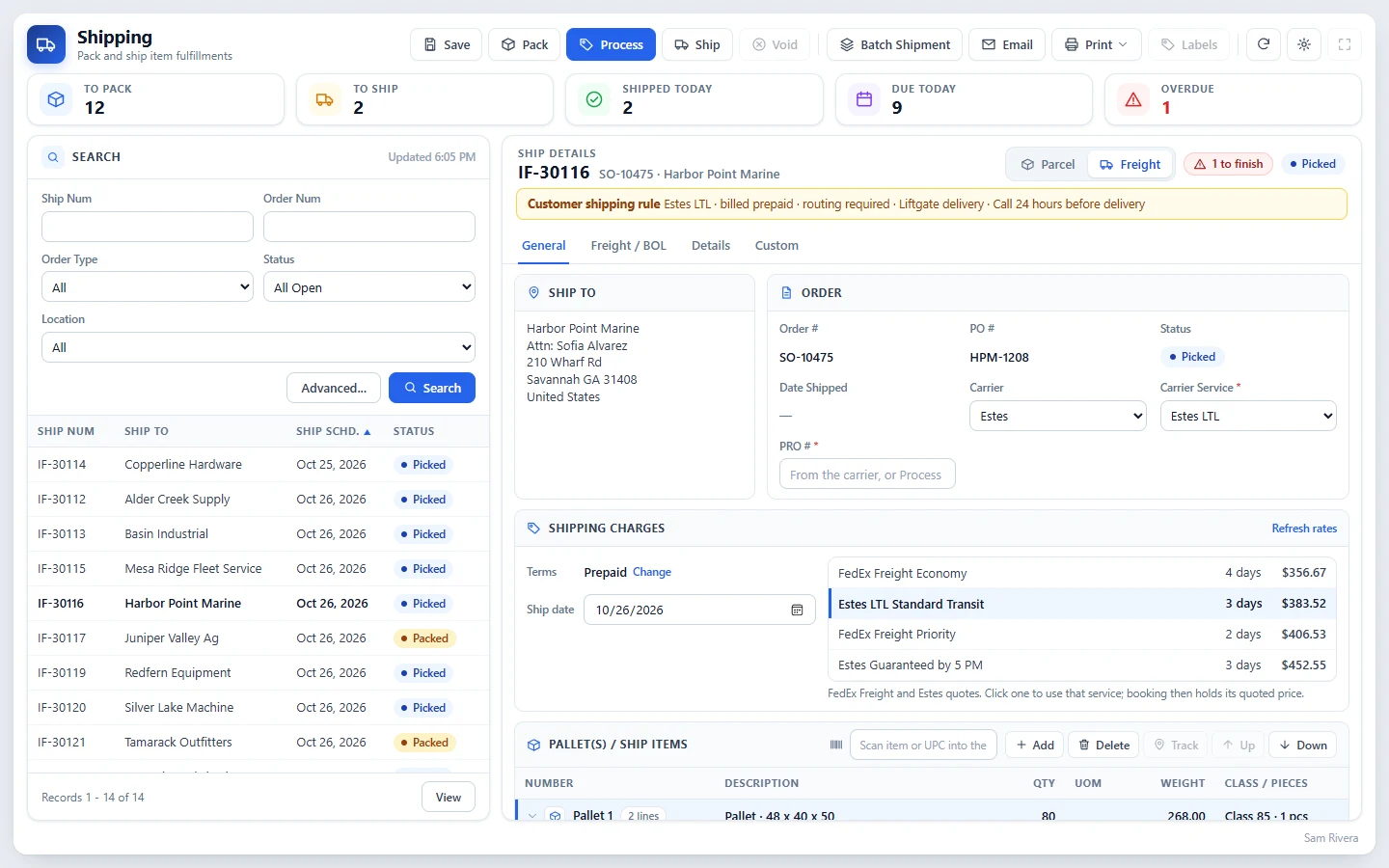 The Shipping screen in NetSuite with LTL freight quotes from Estes and FedEx Freight for a made-up customer